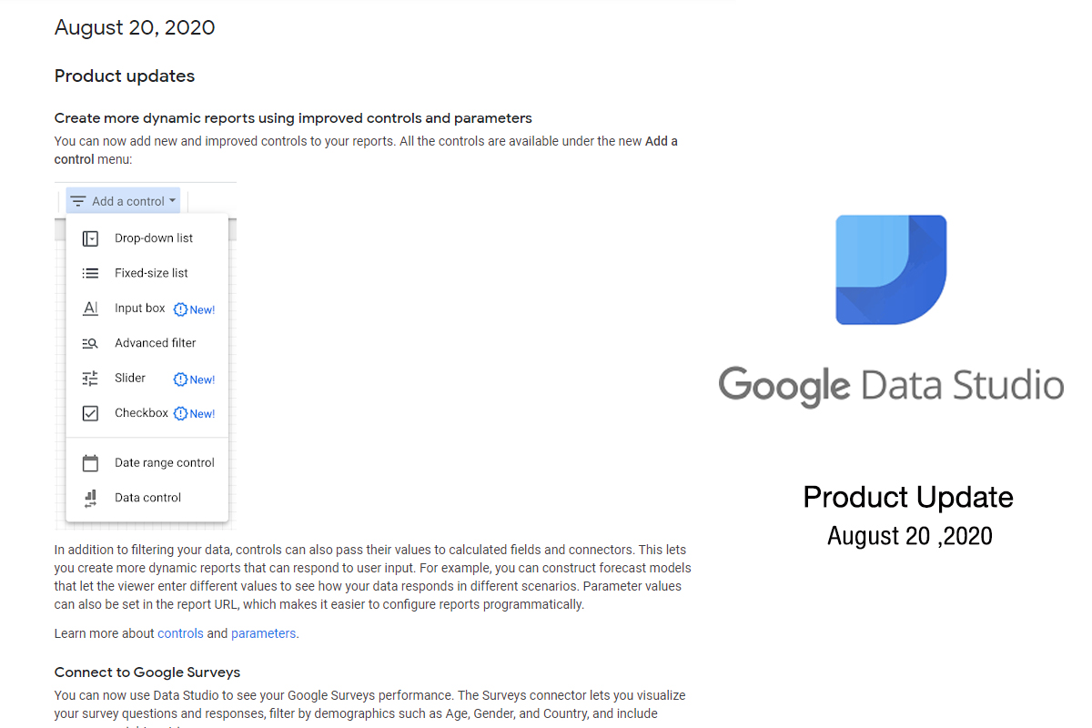 Product update Google data Studio 20/8/2020